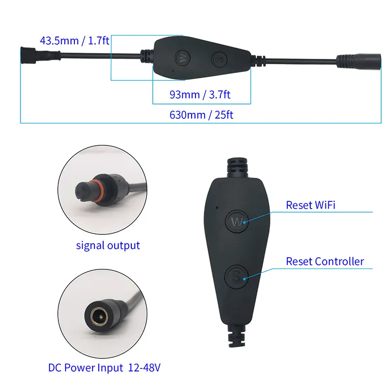Inline Wi-Fi and Bluetooth controller with DC 12-48V power input, signal output, reset Wi-Fi and reset controller buttons