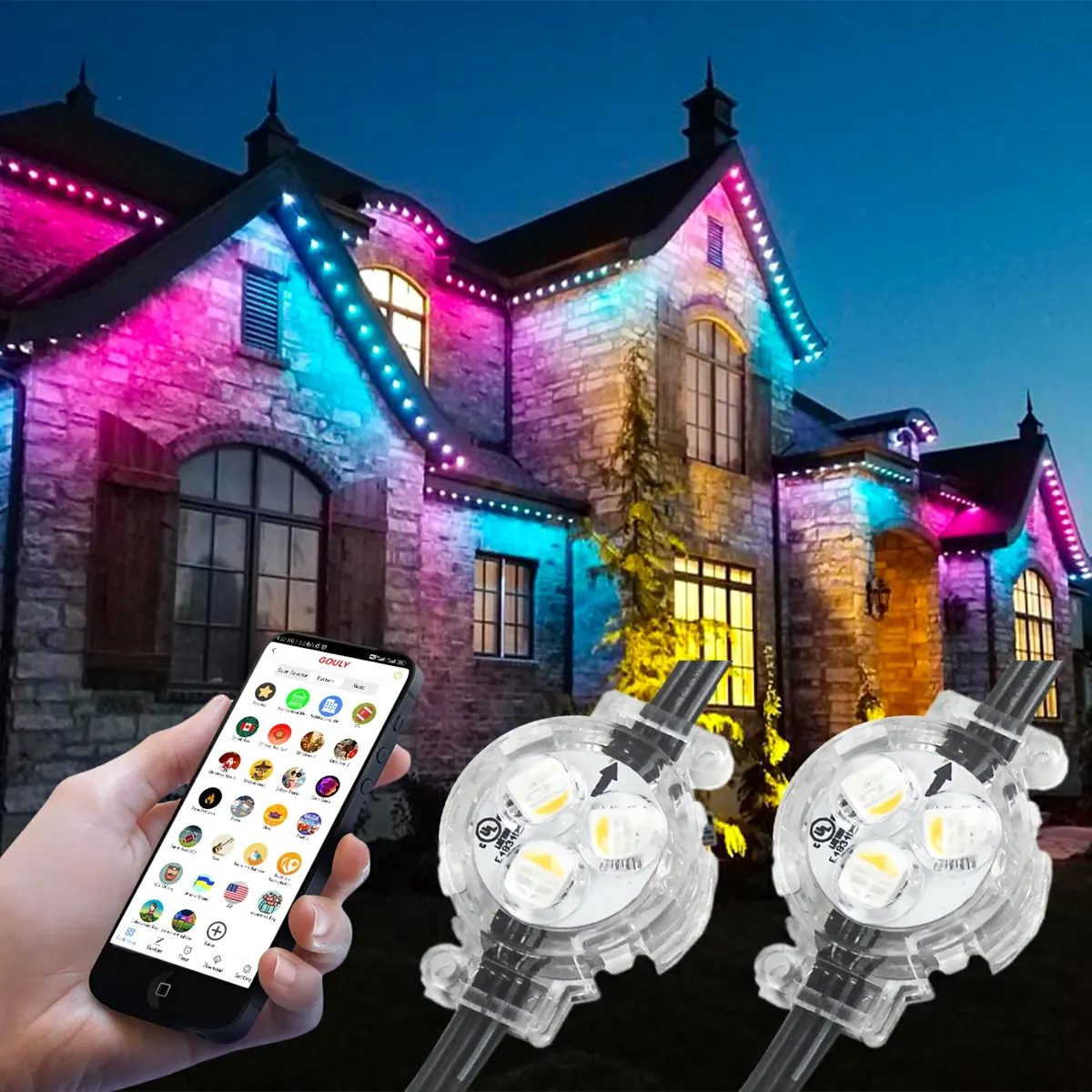 Multicolour pattern on a roofline chosen from the phone app