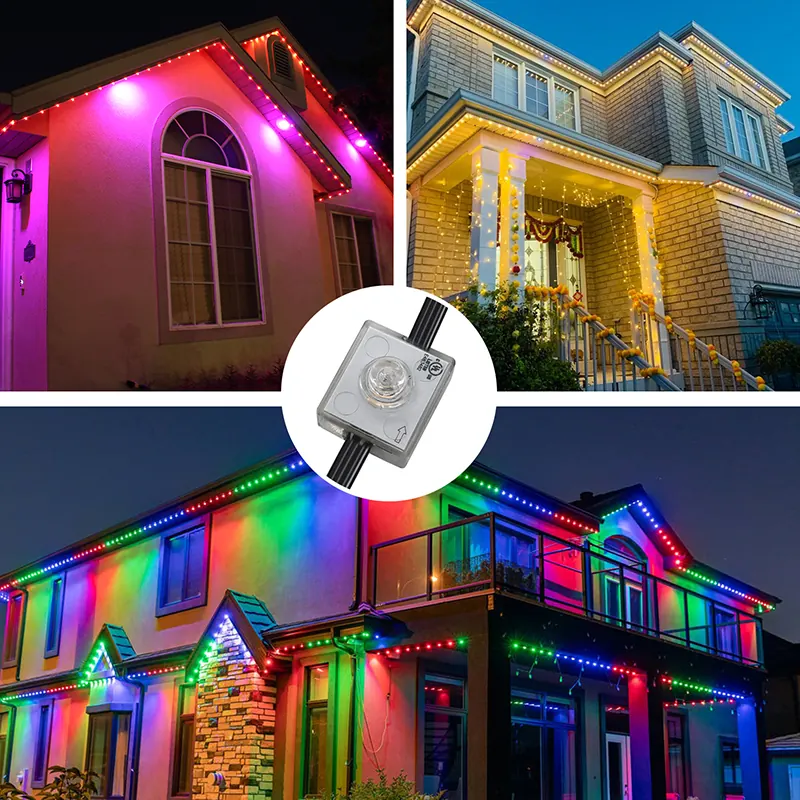 Roofline and eaves lighting in pink, warm white and multicolour scenes
