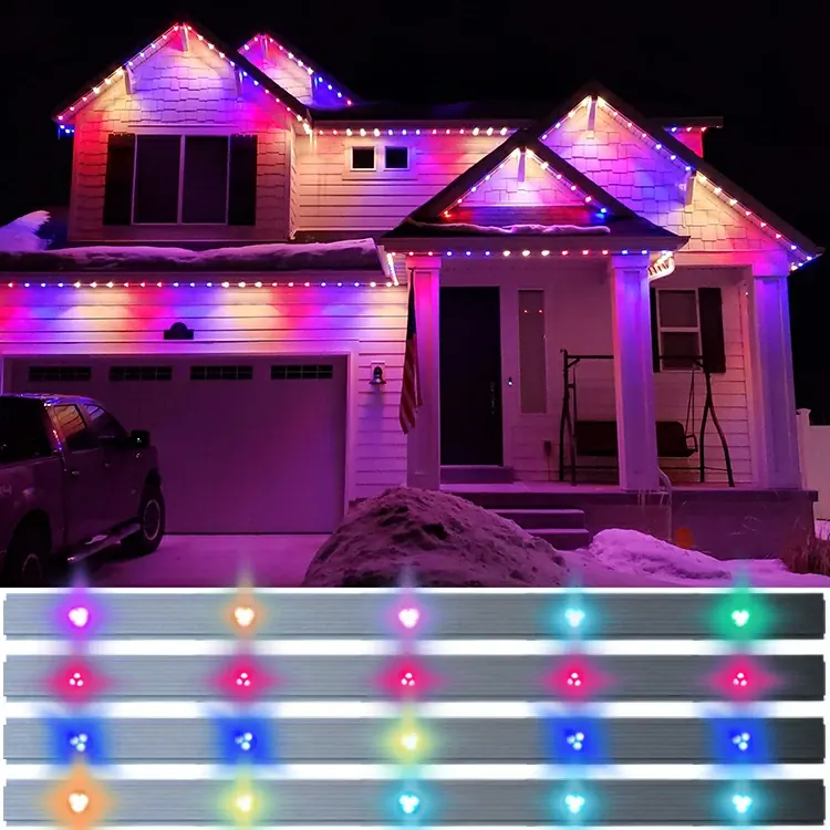 Pastel pink and blue permanent roofline lighting on a two-storey home at night
