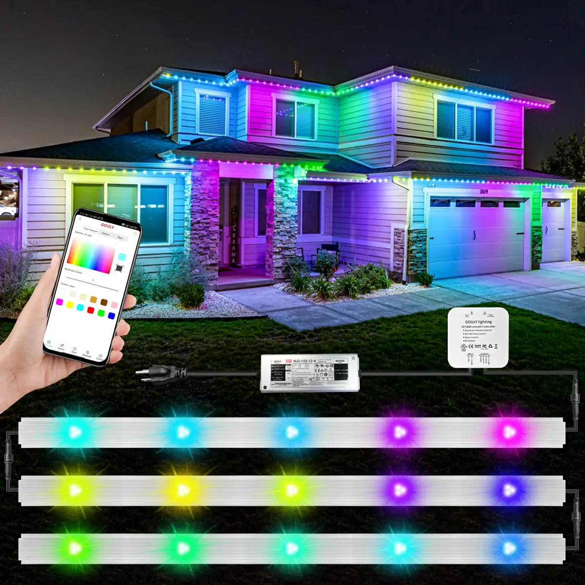 Rainbow chasing pattern across a whole house roofline controlled by phone