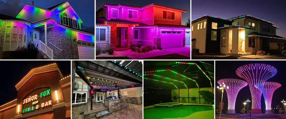 Collection of permanent lighting scenes on homes and businesses