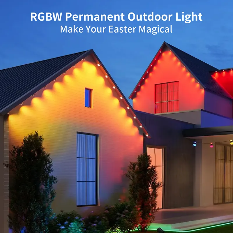 Warm amber accent lighting along gables and eaves