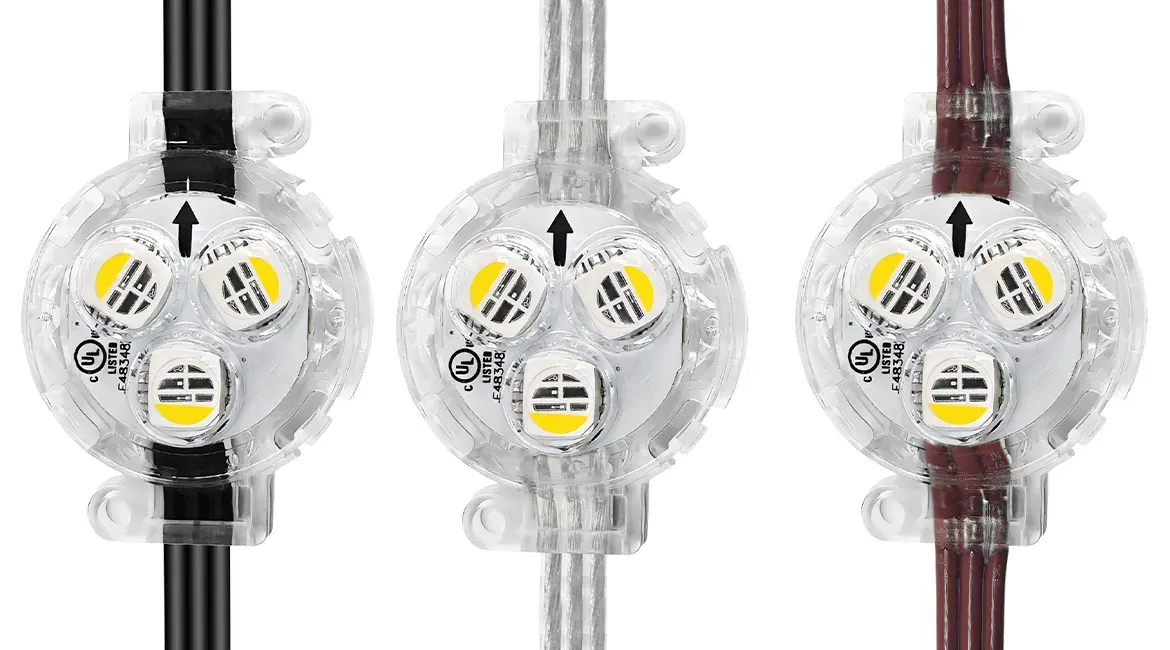 30 mm 12V RGBW permanent pixel lights with clear lens and black, white and brown cable